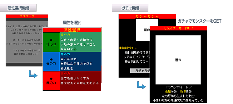 ソーシャルゲームカードバトル 属性選択機能 ガチャ機能説明