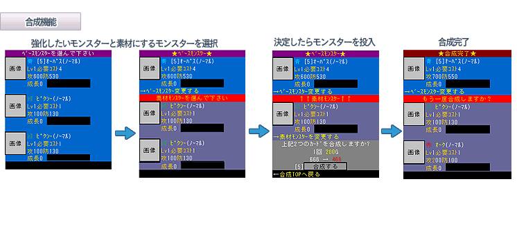 ソーシャルゲームカードバトル 合成機能説明